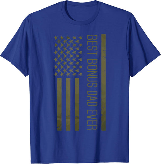 Fathers Day Best Bonus Dad Ever America Flag Stepdad Patriot T-Shirt - T-Shirt | Royal