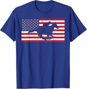 Horse Riding US Flag Horseback Racing Patriotic Equestrian T-Shirt - T-Shirt | Royal
