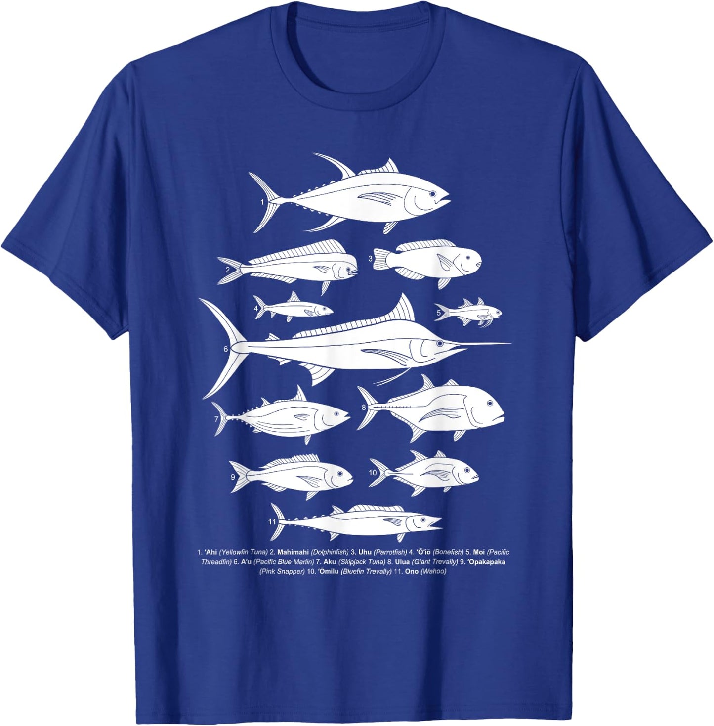 Hawaiian Fish (Ahi, Mahimahi, Ulua, Aku, Uhu, etc.) Fishing T-Shirt - T-Shirt | Royal