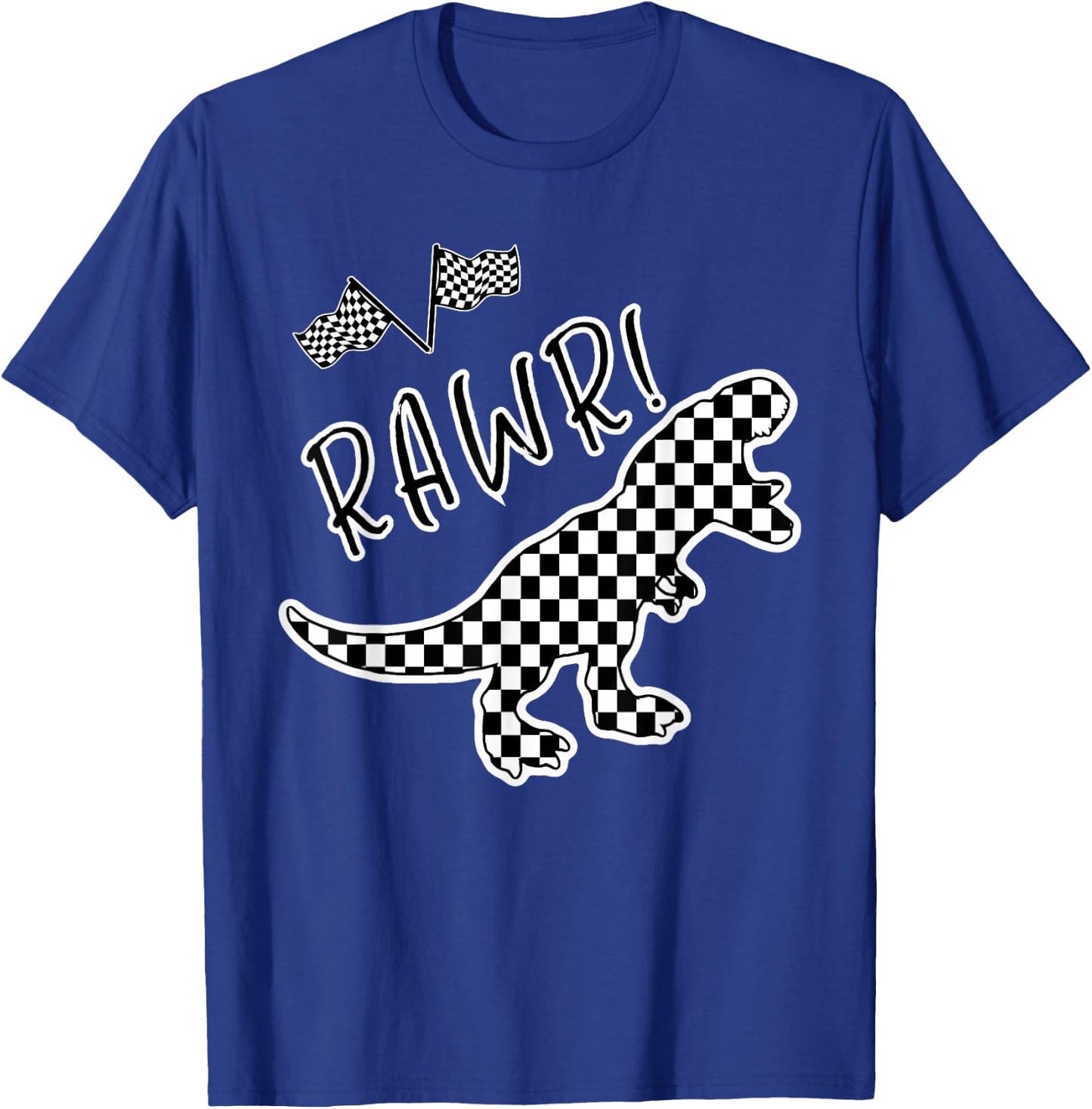 Checkered T-rex Dinosaur Race Car Gamer Boys Girls Toddler T-Shirt - T-Shirt | Royal