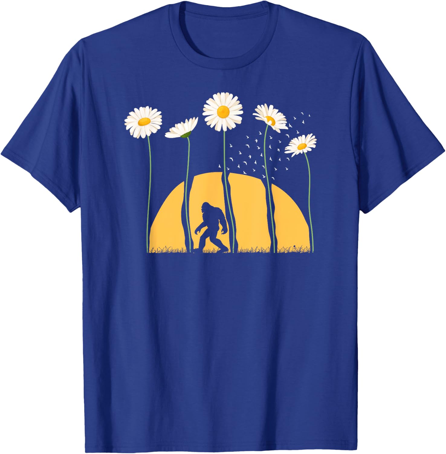 Sasquatch Spring Sunset Towering Daisy Flowers Bigfoot T-Shirt - T-Shirt | Royal