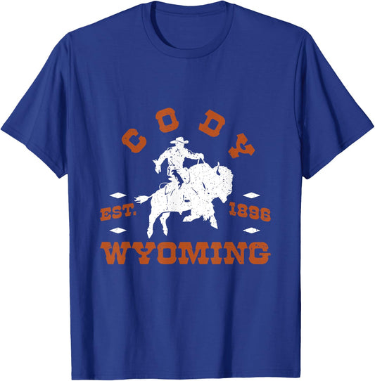 Vintage Retro Wyoming Cody Cowboy Riding Bison T-Shirt - T-Shirt | Royal
