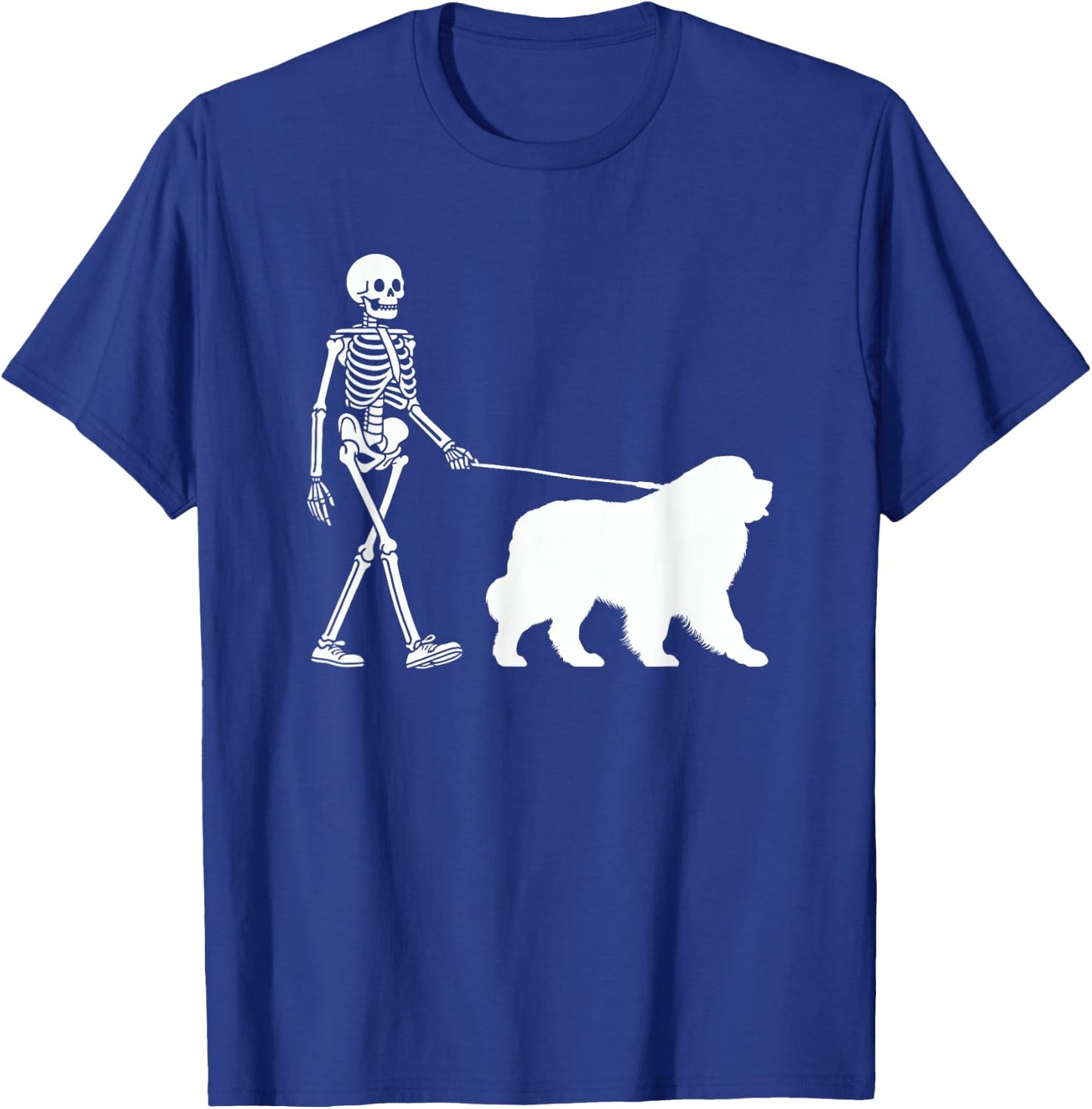 Skeleton Walking a Newfoundland Dog Halloween Outfit Men Women Kids T-Shirt - T-Shirt | Royal