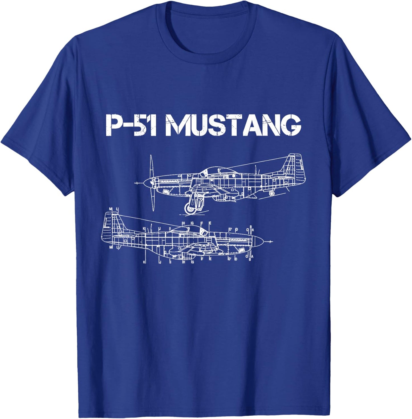 North American P-51 Mustang WW2 Fighter Blueprint T-Shirt - T-Shirt | Royal