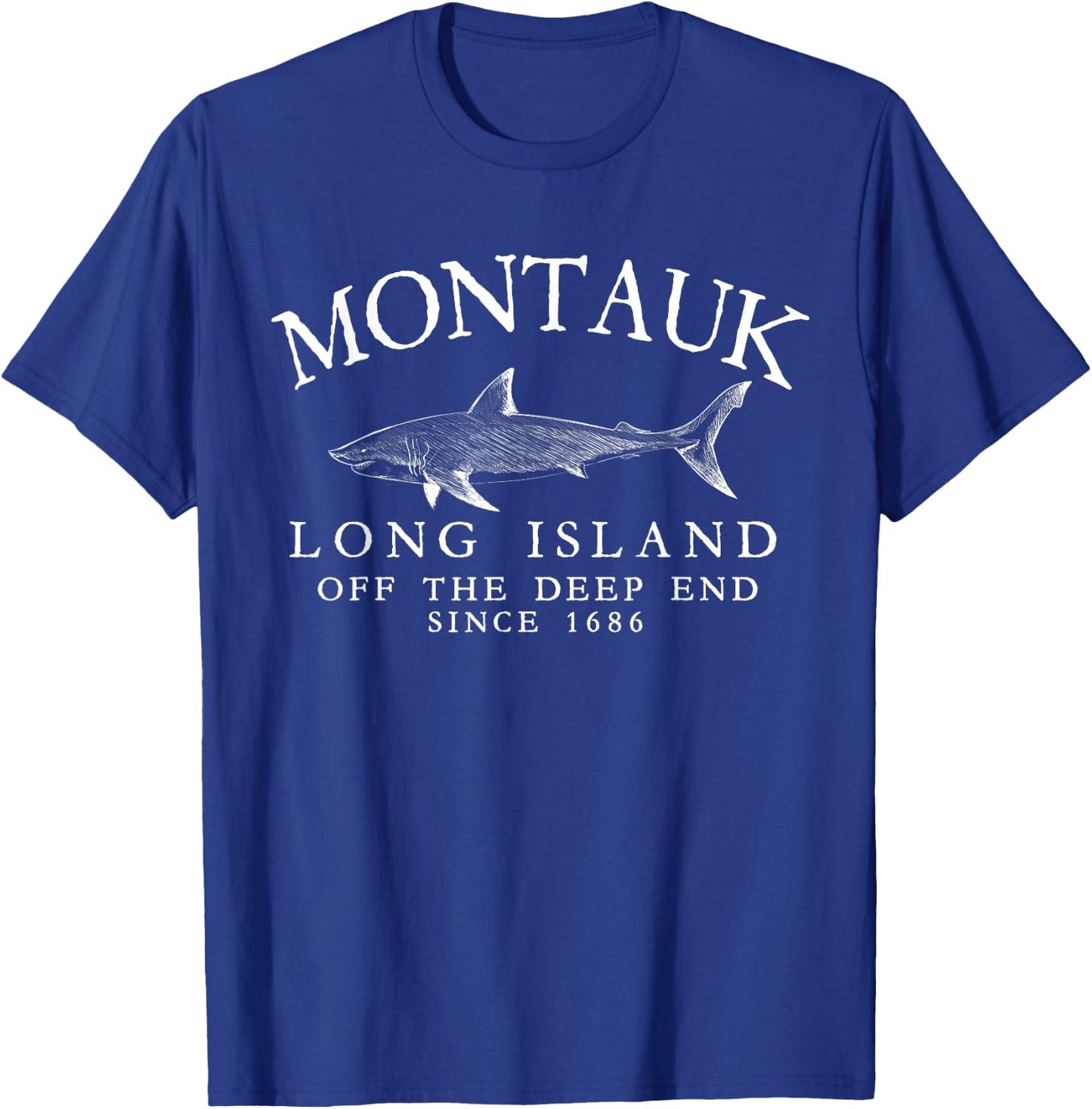 Montauk LI Off The Deep End Shark Fishing Vintage White T-Shirt - T-Shirt | Royal