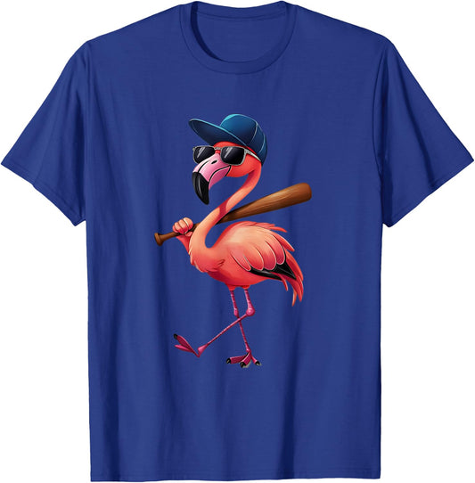 Funny Flamingo Cool Playing Softball Flamingo in Sunglasses T-Shirt - T-Shirt | Royal