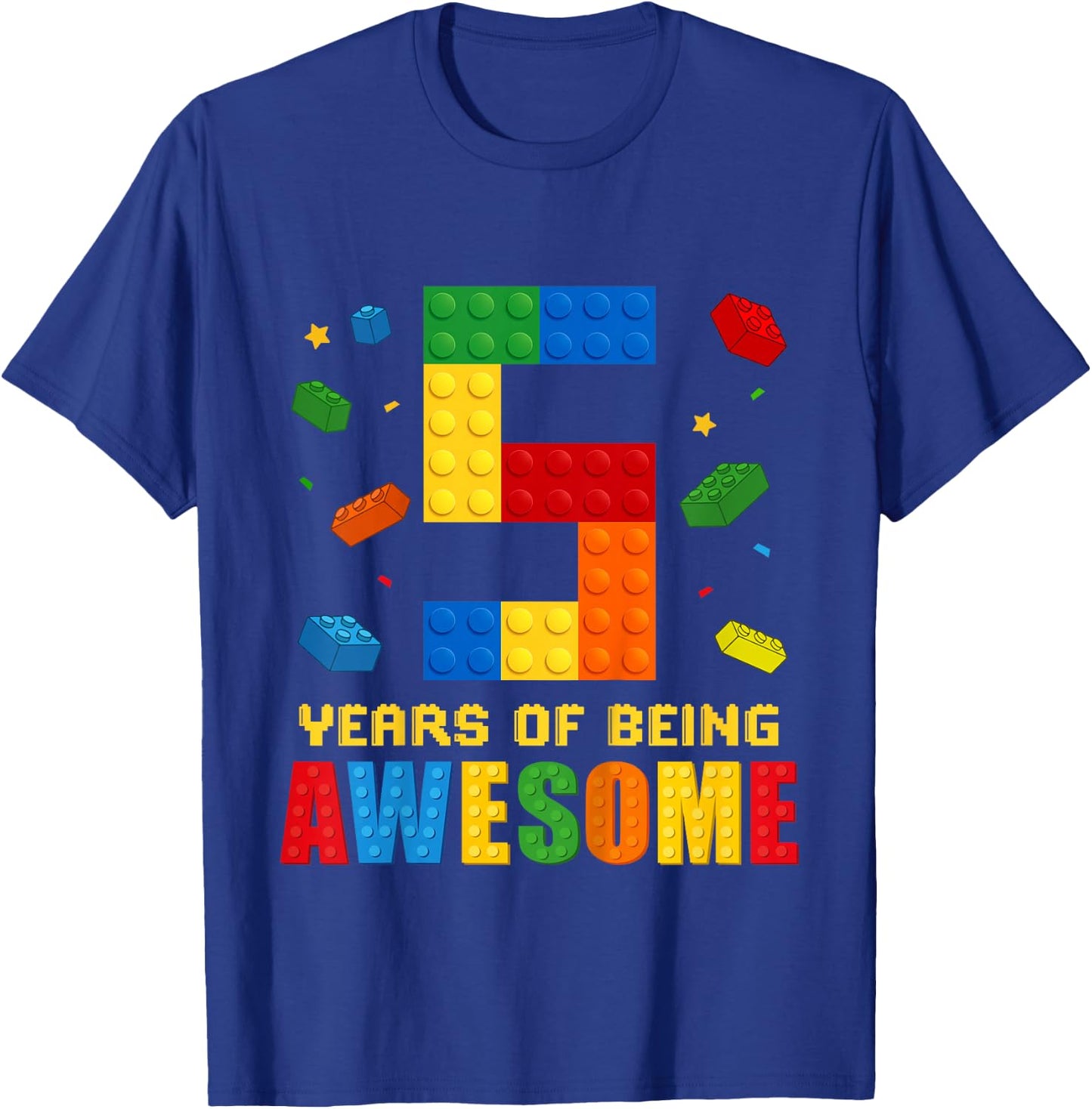 Kids 5 Year Old Birthday Boy Being Awesome Building Bricks 5th T-Shirt - T-Shirt | Royal