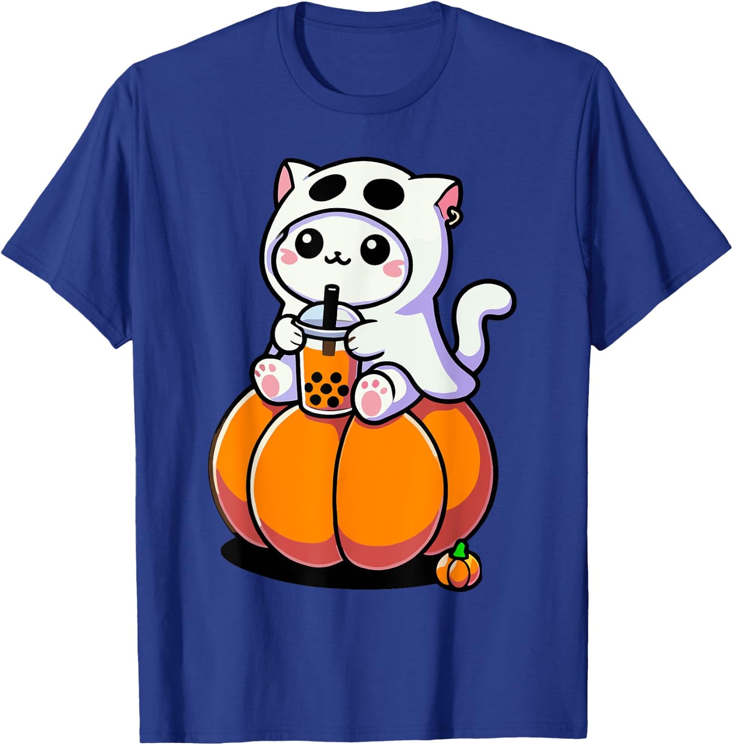 Cute Halloween Cat in Ghost Costume Drinking Boba Tea Men Women Kids T-Shirt - T-Shirt | Royal