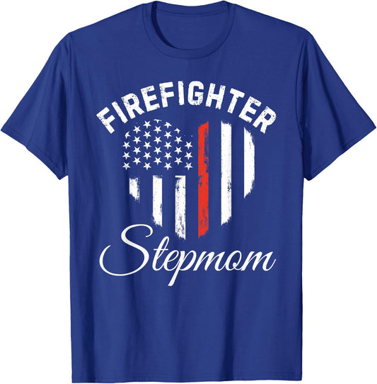 Firefighter Stepmom Patriotic Heart American Flag Mother Day T-Shirt - T-Shirt | Royal