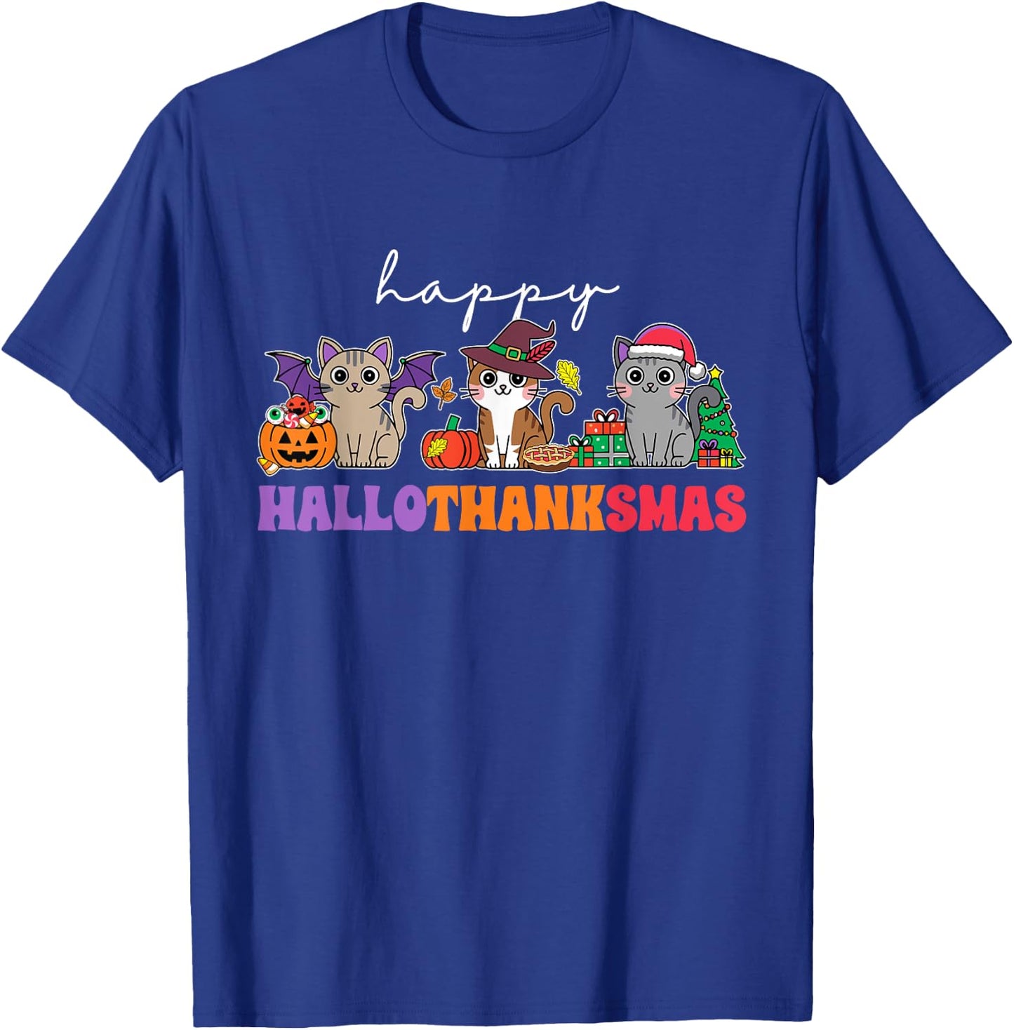 HalloThanksMas Cats : -Adults, -Kids, Black, Small, Short Sleeve, , Halloween, Thanksgiving, Christmas, Fall, Winter, Autumn T-Shirt - T-Shirt | Royal