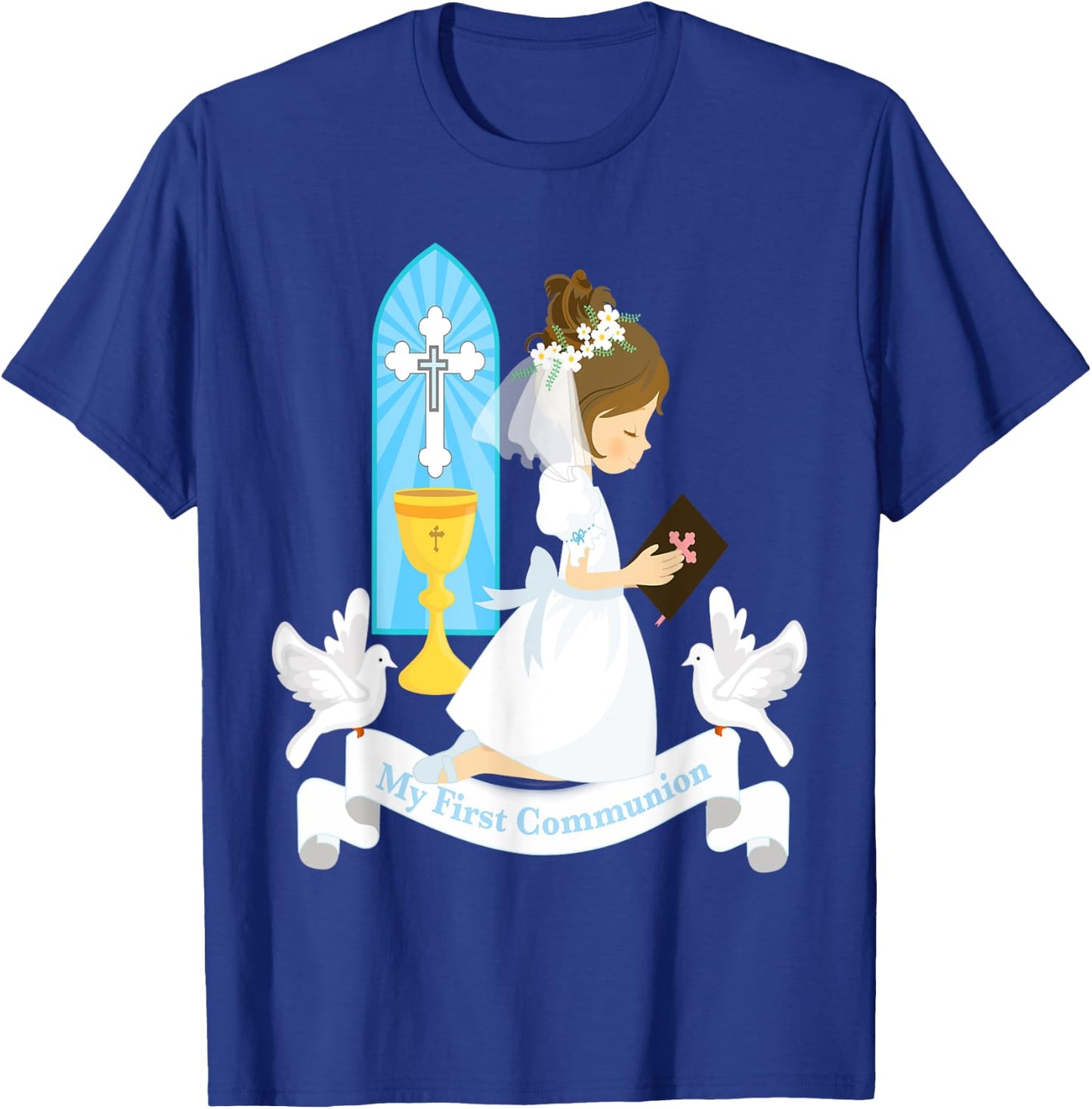 My First Communion Girls Daughter Godchild Brunette Church T-Shirt - T-Shirt | Royal