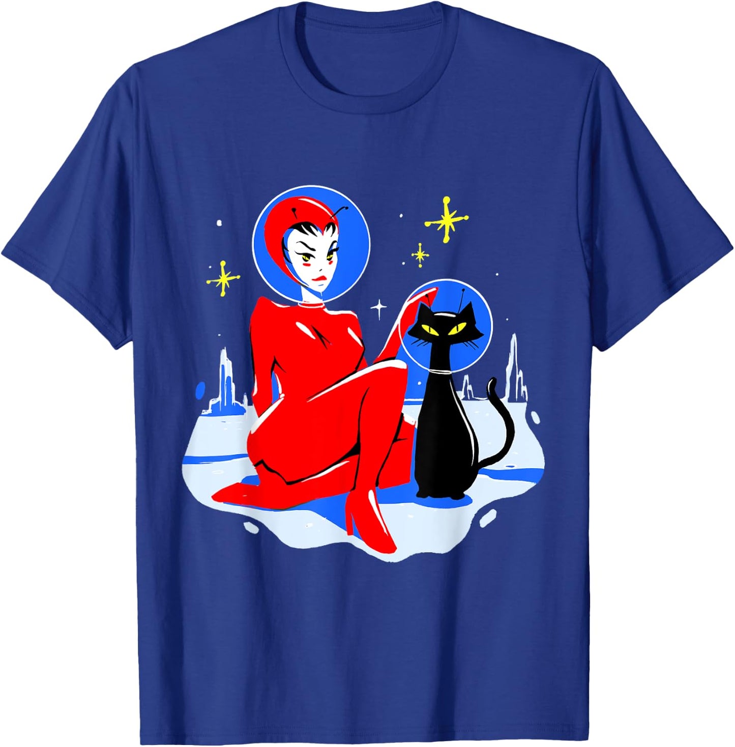 Mid Century Space Cat Retro Atomic Age Alien Pin Up Girl T-Shirt - T-Shirt | Royal