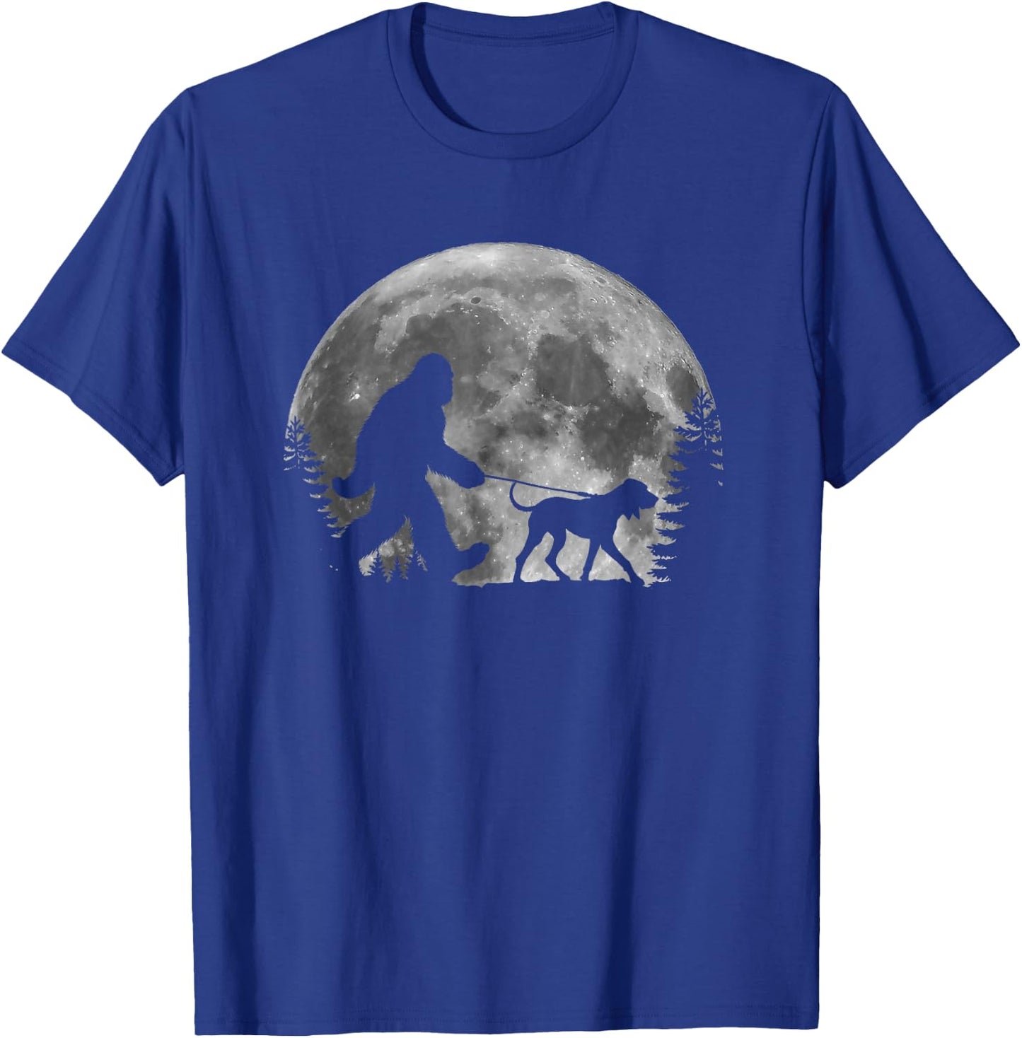 Bigfoot Walking a Dog Funny Coonhound Lovers Moon Halloween Men Women Kids T-Shirt - T-Shirt | Royal