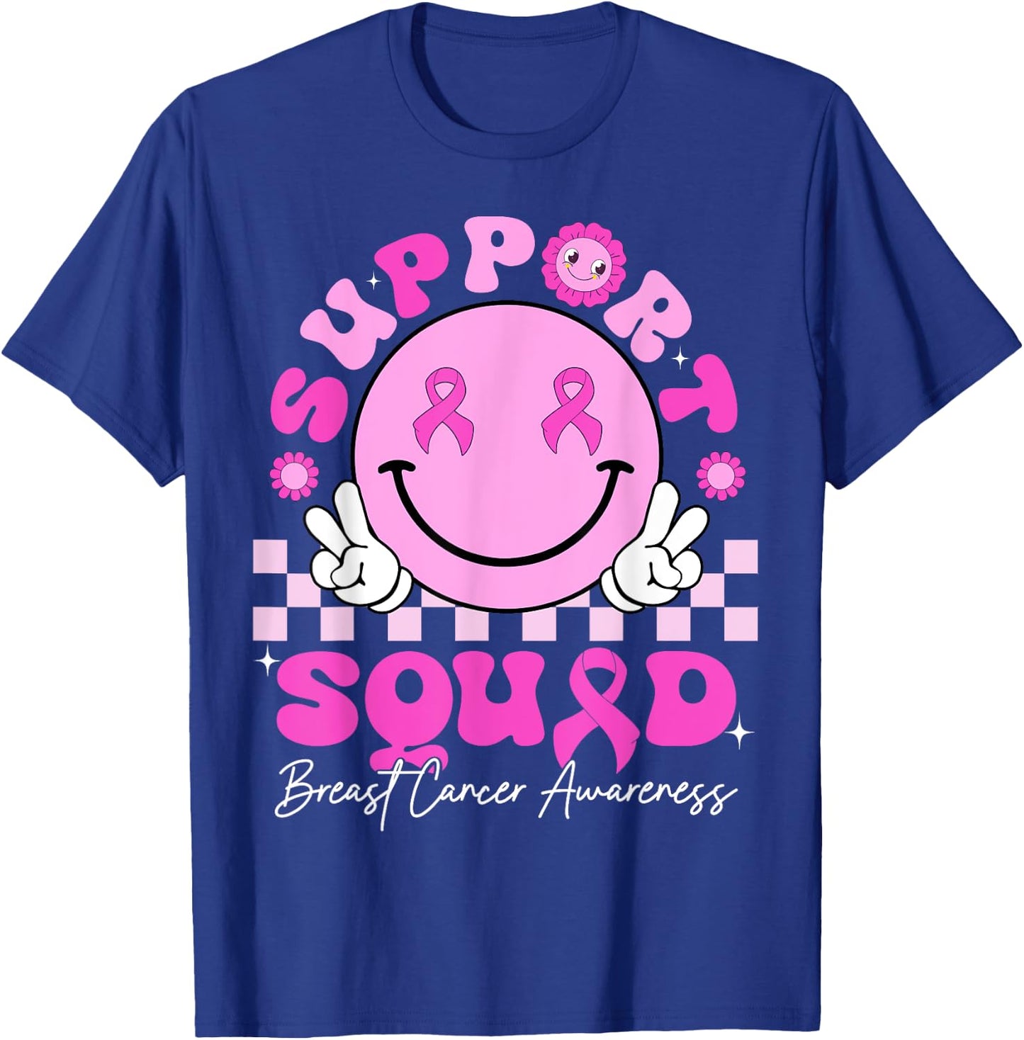 Retro Groovy Support Squad Breast Cancer Awareness October T-Shirt - T-Shirt | Royal