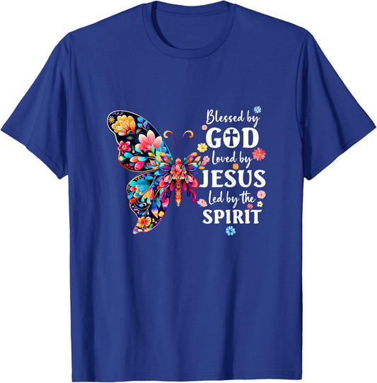 Blessed By God Loved By Jesus Floral Butterfly Christian T-Shirt - T-Shirt | Royal