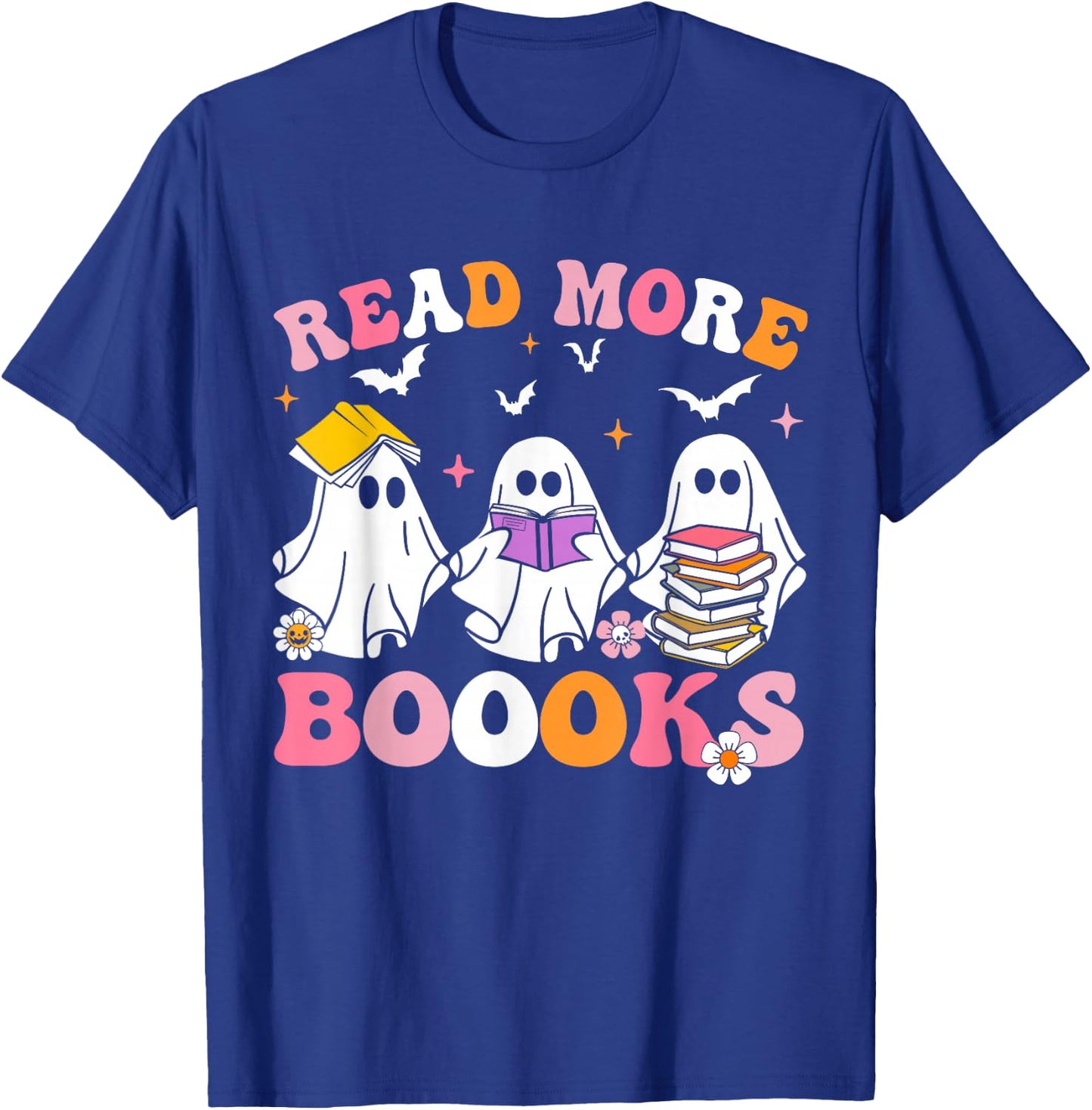 Groovy Cute Ghost Read More Books Funny Teacher Halloween T-Shirt - T-Shirt | Royal