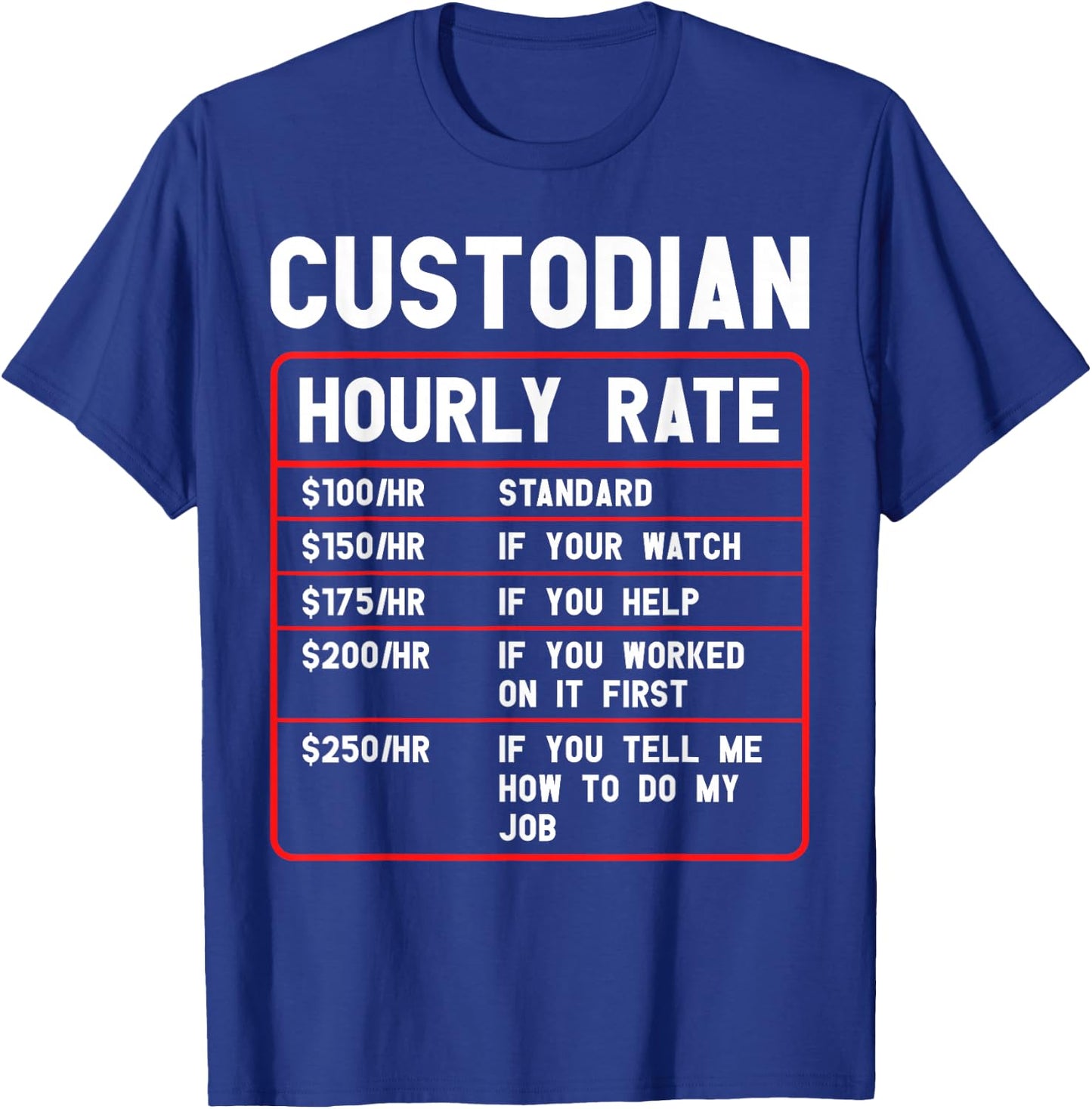 Custodian Janitor Day Hourly Rate Custodial School Custodian T-Shirt - T-Shirt | Royal