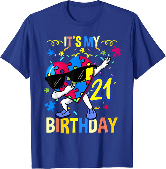 Its My 21st Birthday Dabbing Autism Puzzle T-Shirt - T-Shirt | Royal