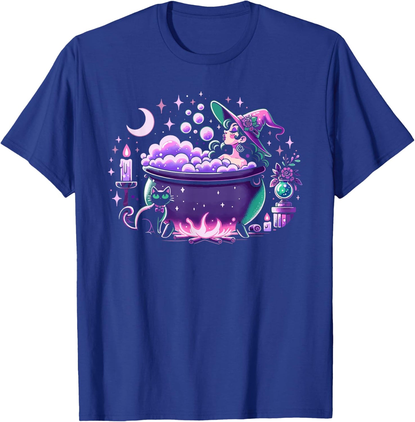 Witch Bubble Bath Cauldron Purple Pink Pastel Goth Cute Cat T-Shirt - T-Shirt | Royal
