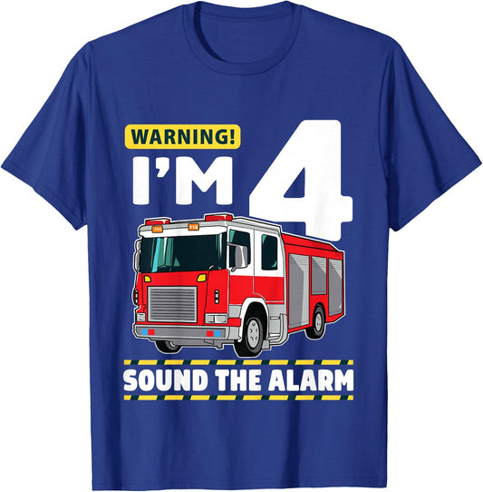 Kids Fire Truck 4 Year Old Firefighter 4th Birthday Boy Four T-Shirt - T-Shirt | Royal