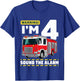 Kids Fire Truck 4 Year Old Firefighter 4th Birthday Boy Four T-Shirt - T-Shirt | Royal