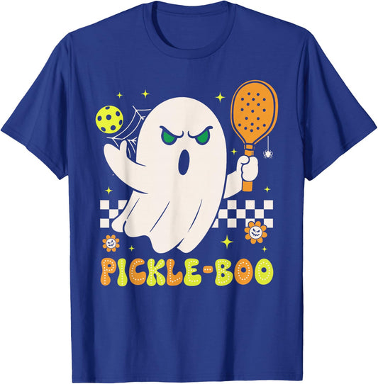 Groovy Halloween Pickleball Pickle Boo Ghost Men Women Kids T-Shirt - T-Shirt | Royal