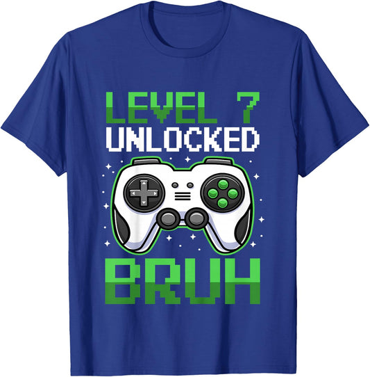 Kids Level 7 Unlocked Bruh 7 Years Old Video Gamer Birthday Boy T-Shirt - T-Shirt | Royal