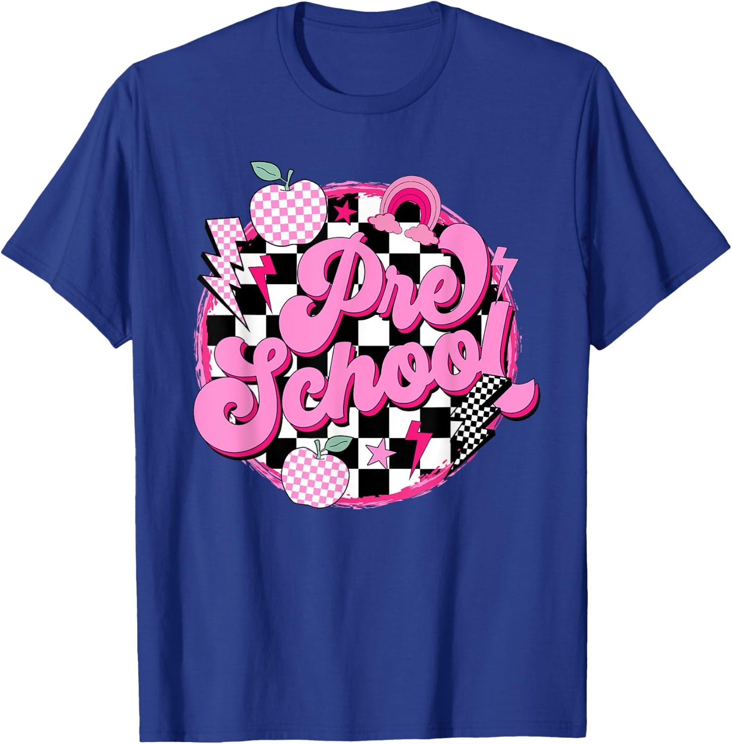 Preschool Teacher Women Retro Checkered First Day of School T-Shirt - T-Shirt | Royal