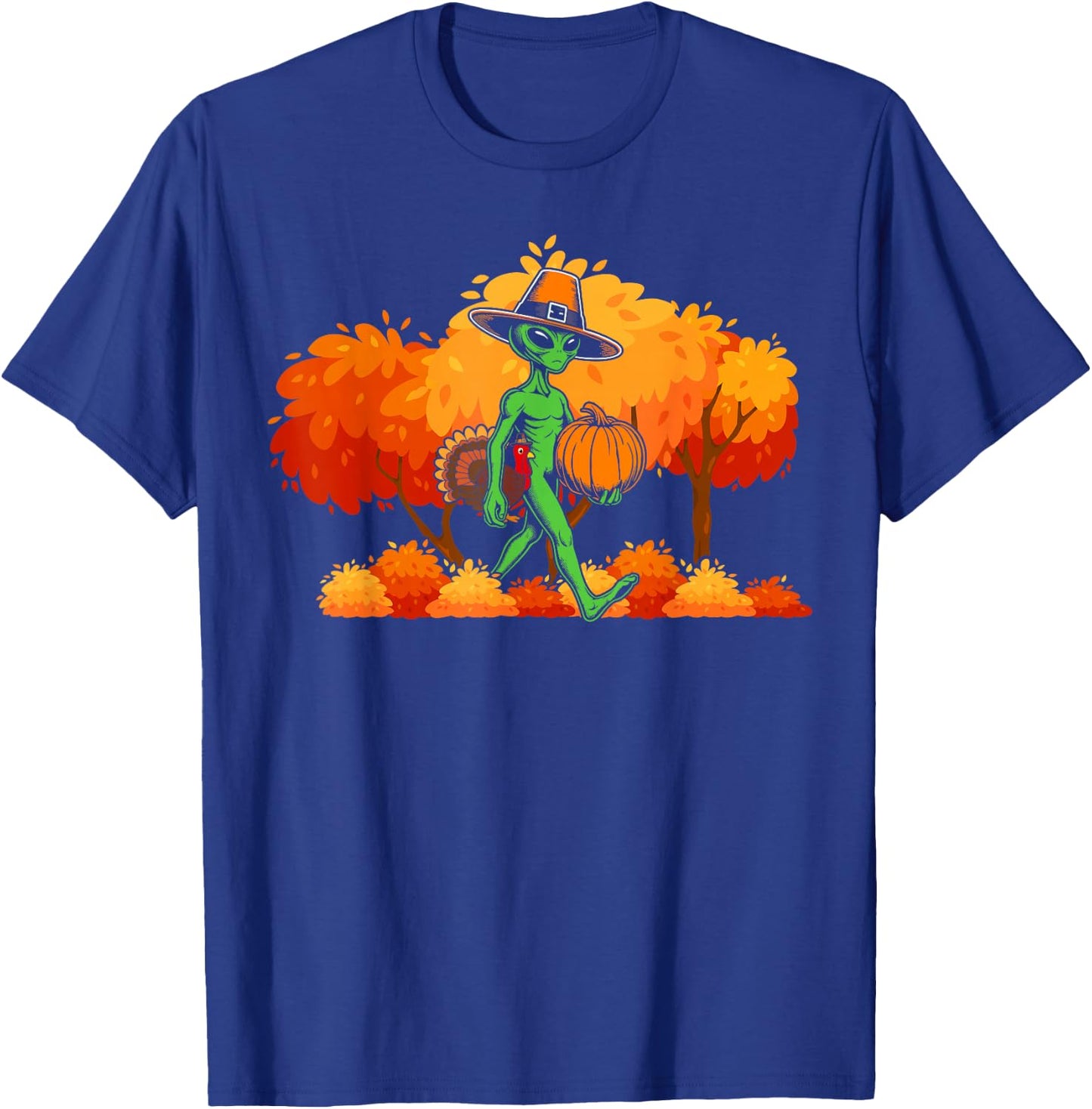 Alien thanksgiving Pilgrim Turkey Pumpkin autumn leaves fall T-Shirt - T-Shirt | Royal