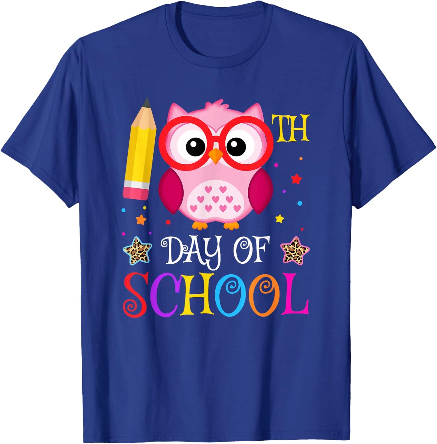 Cute 100th Day Of School Owl Lover Kids Girls Leopard T-Shirt - T-Shirt | Royal