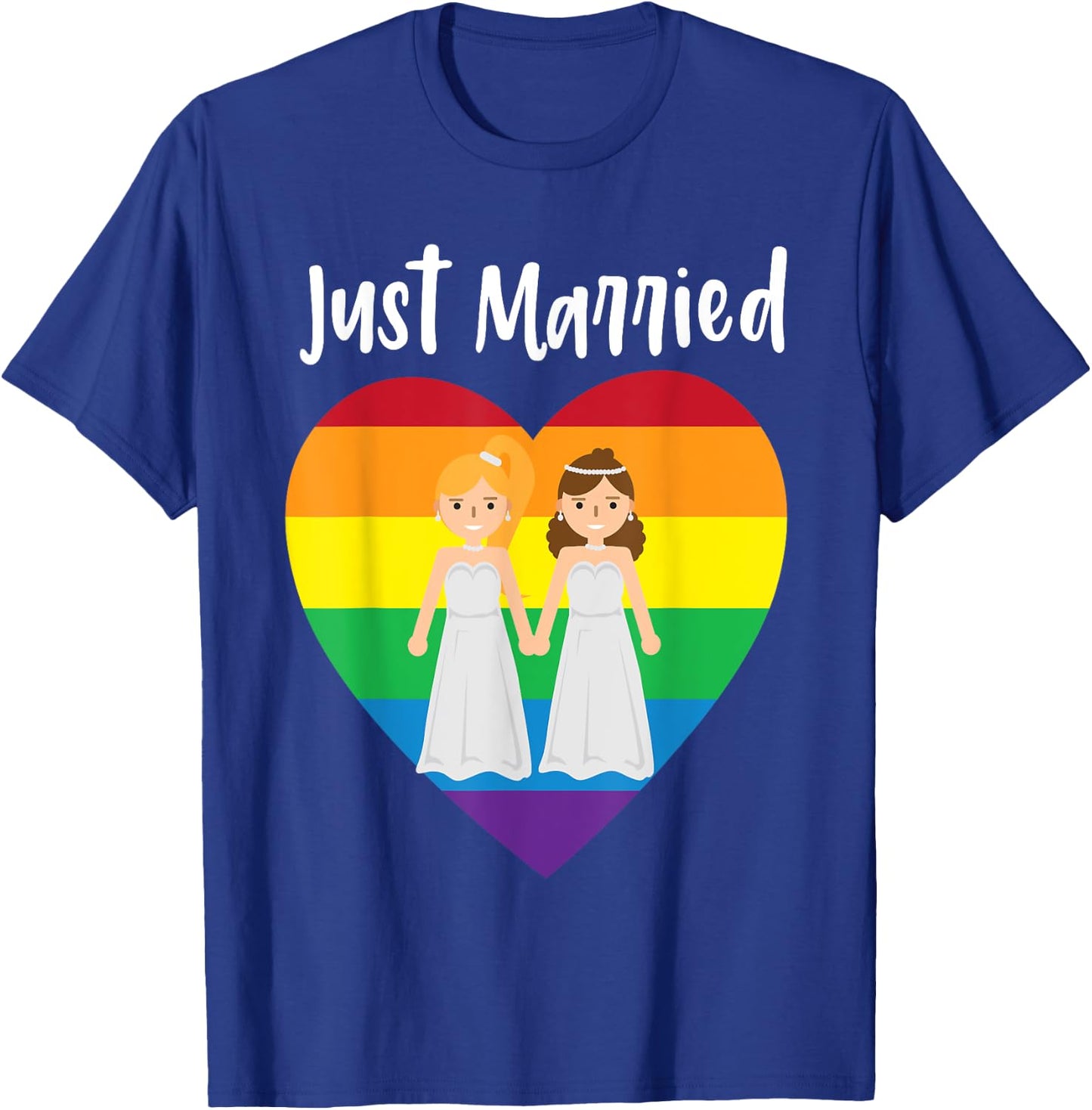 Just Married Double Bride Lesbian Pride Rainbow Color Print T-Shirt - T-Shirt | Royal