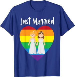 Just Married Double Bride Lesbian Pride Rainbow Color Print T-Shirt - T-Shirt | Royal