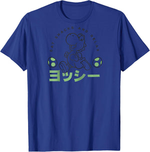 Super Mario Yoshi Eats Snacks And Relax Kanji Portrait Raglan Baseball T-Shirt - T-Shirt | Royal