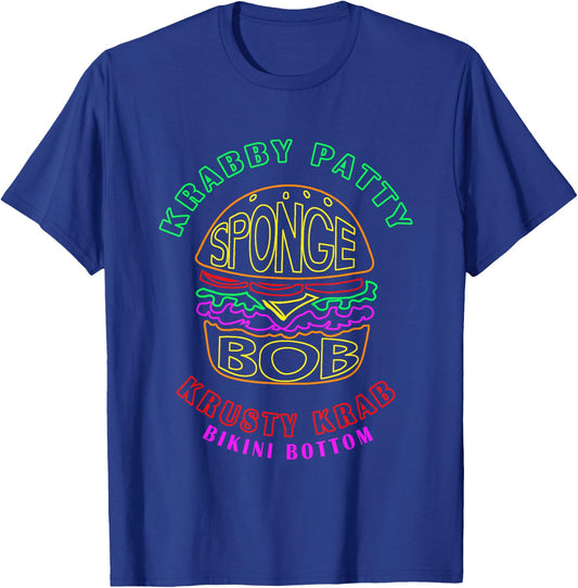 SpongeBob SquarePants Krabby Patty Retro Neon Outline Logo T-Shirt - T-Shirt | Royal