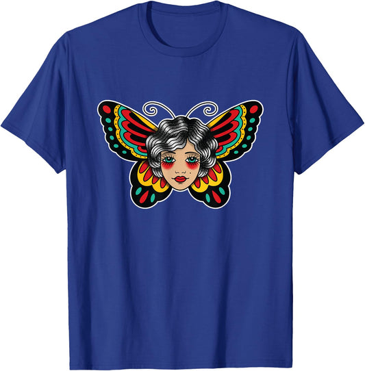 Seven Relics Lady Butterfly American Traditional Tattoo Art Women's Black T-Shirt - T-Shirt | Royal