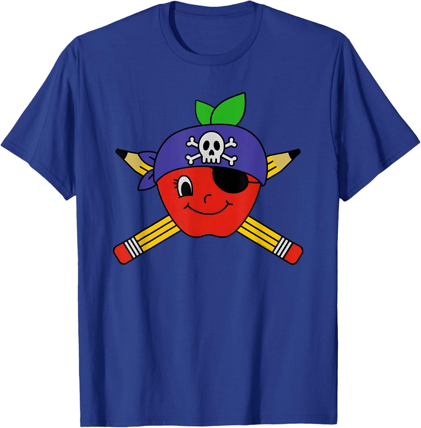 Teacher's Pirate Apple with Crossed Pencils Pirate Teacher T-Shirt - T-Shirt | Royal