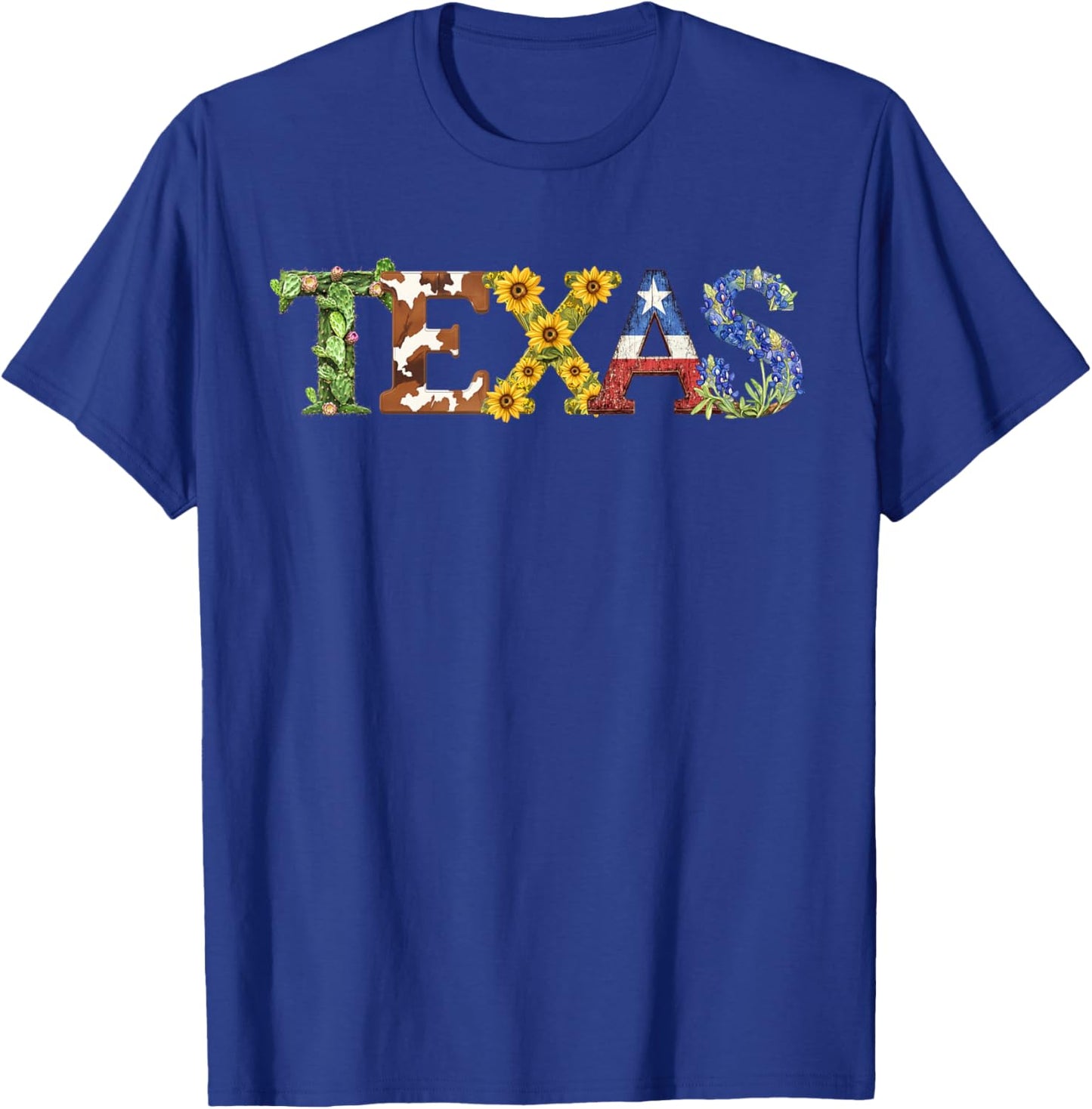 Texas-Themed Letters with Cactus, Sunflowers, & Bluebonnets T-Shirt - T-Shirt | Royal