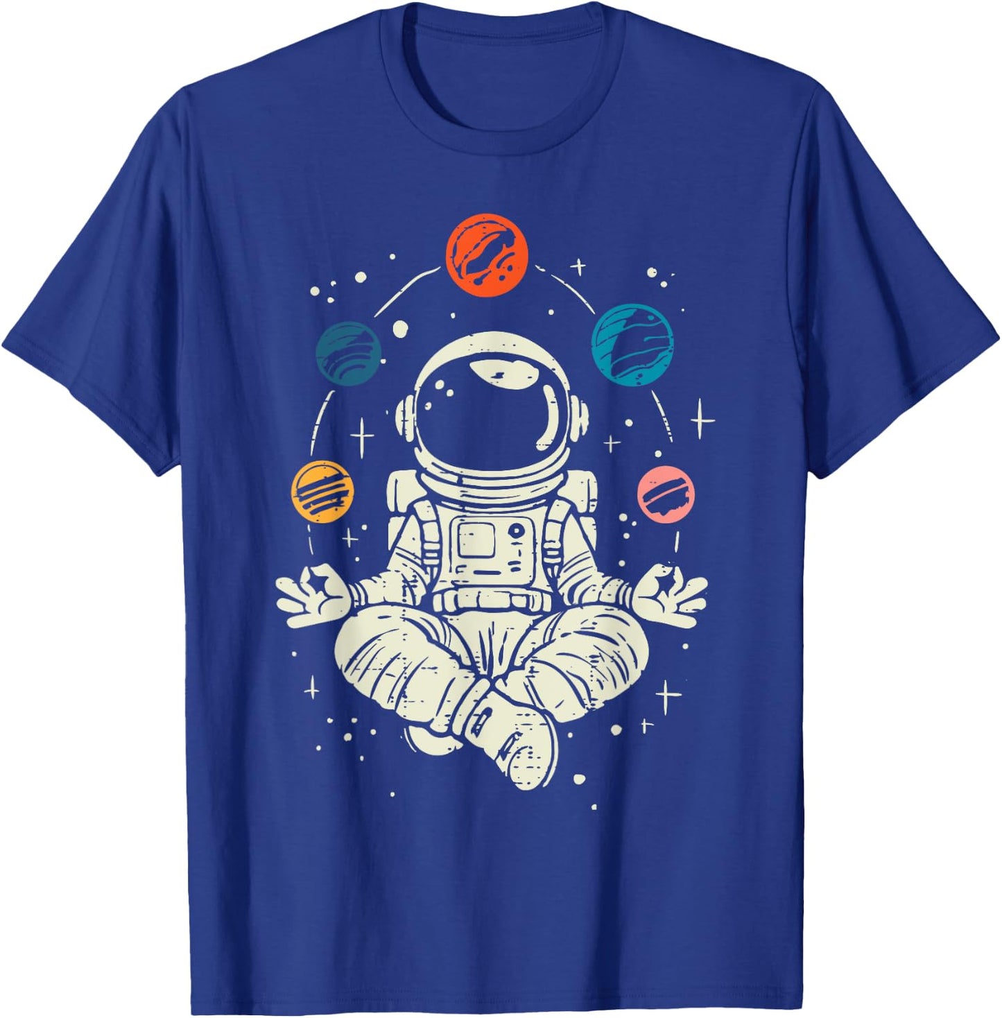 Meditating Astronaut Planets Space Yoga Lotus Kids Men Women T-Shirt - T-Shirt | Royal