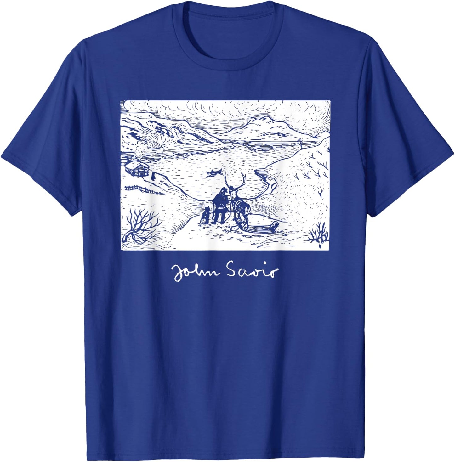 John Savio Sami Art Lapland Lapp with Reindeer at Bay Snow T-Shirt - T-Shirt | Royal