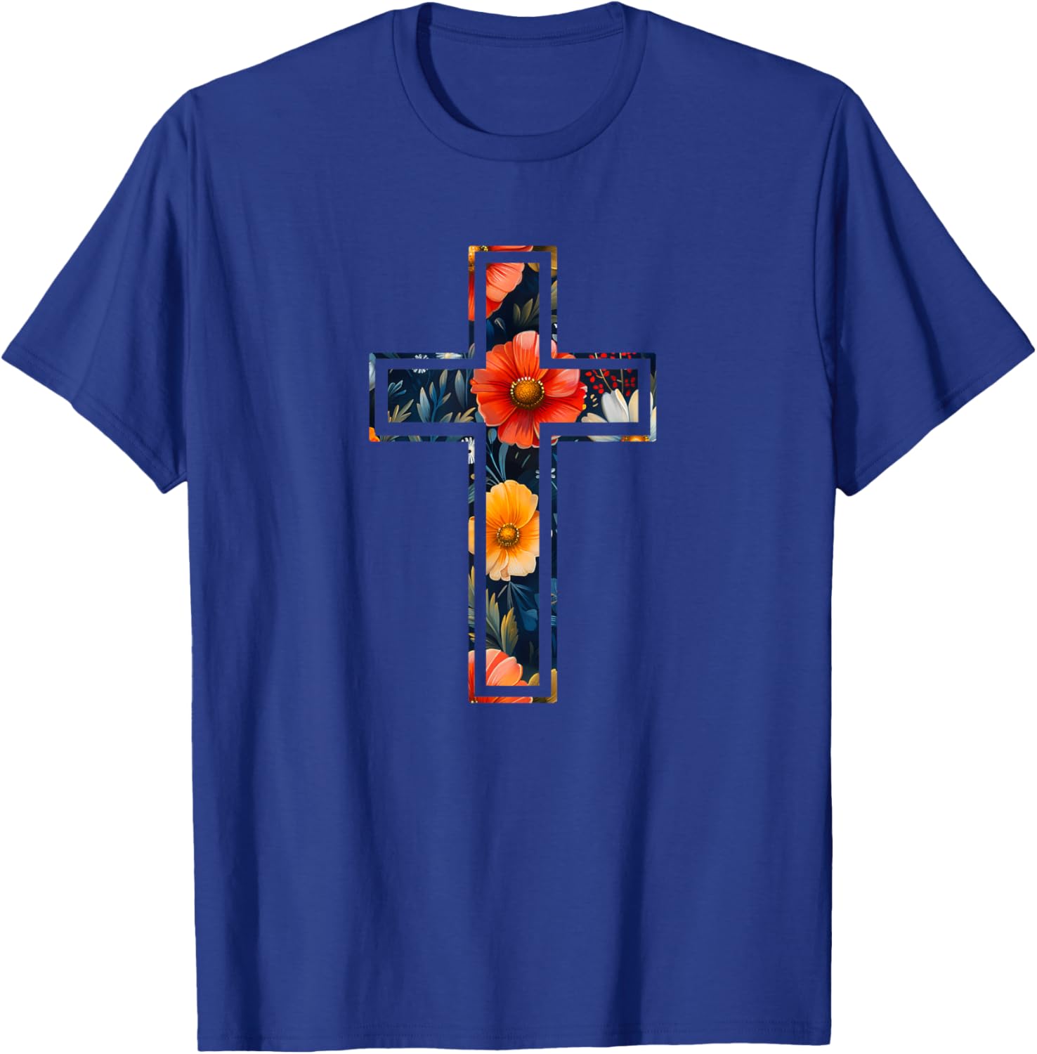 Elegant Silhouette Flowers Faith Floral Christian Cross T-Shirt - T-Shirt | Royal