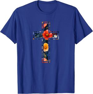 Elegant Silhouette Flowers Faith Floral Christian Cross T-Shirt - T-Shirt | Royal