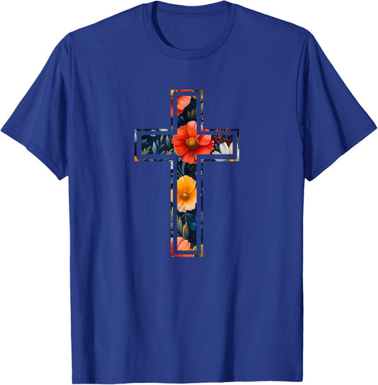 Elegant Silhouette Flowers Faith Floral Christian Cross T-Shirt - T-Shirt | Royal