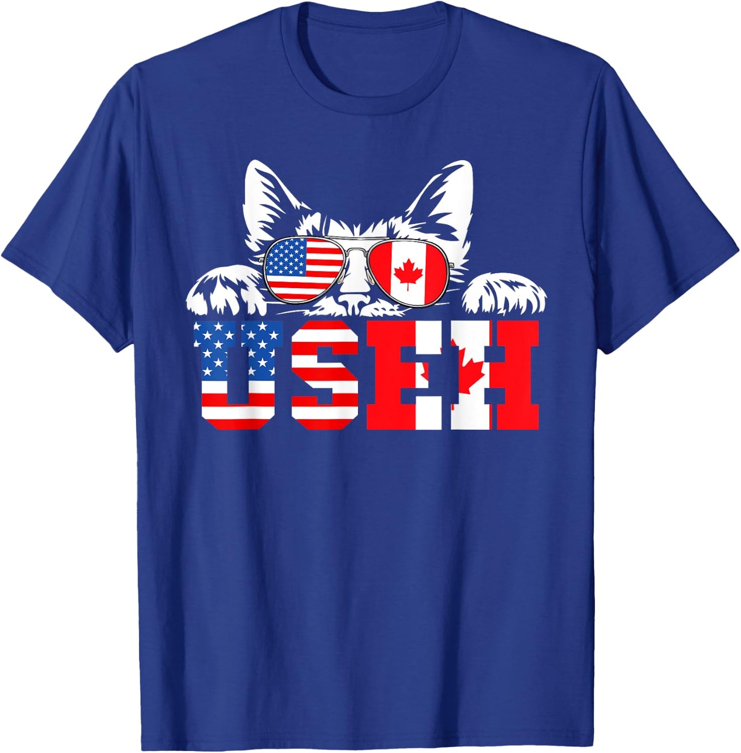 Funny Cat Lover Maple Leaf Canadian & USA Flag Canada Day T-Shirt - T-Shirt | Royal