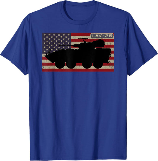 Military Vehicles on Flags by Maljay LAV-25 Amphibious Armored Vehicle American Flag Black -Adults Small Classic Fit Short Sleeve Cotton 60%, Polyester 40% T-Shirt - T-Shirt | Royal