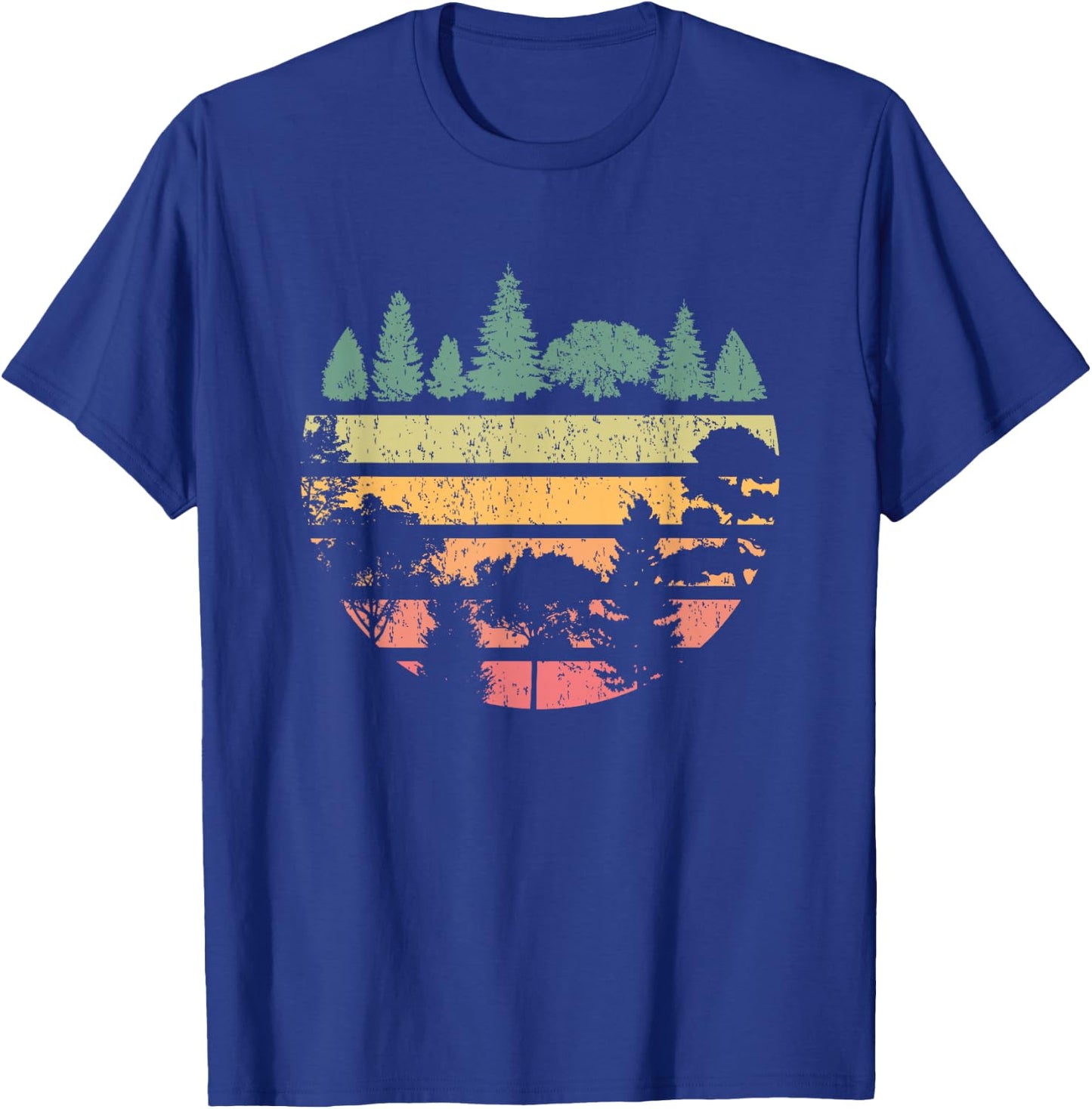 Forest Trees Retro Sunset Vintage Graphic Hiking Camping T-Shirt - T-Shirt | Royal