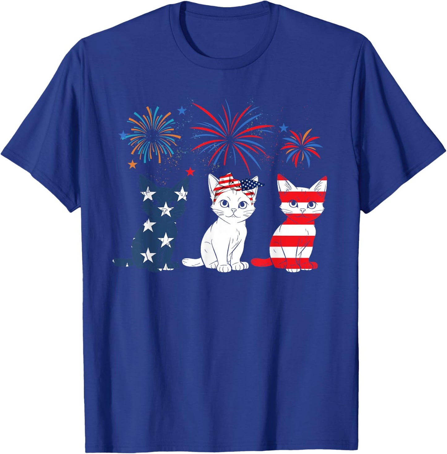 Red White Blue Cat USA Flag Firework 4th Of July T-Shirt - T-Shirt | Royal