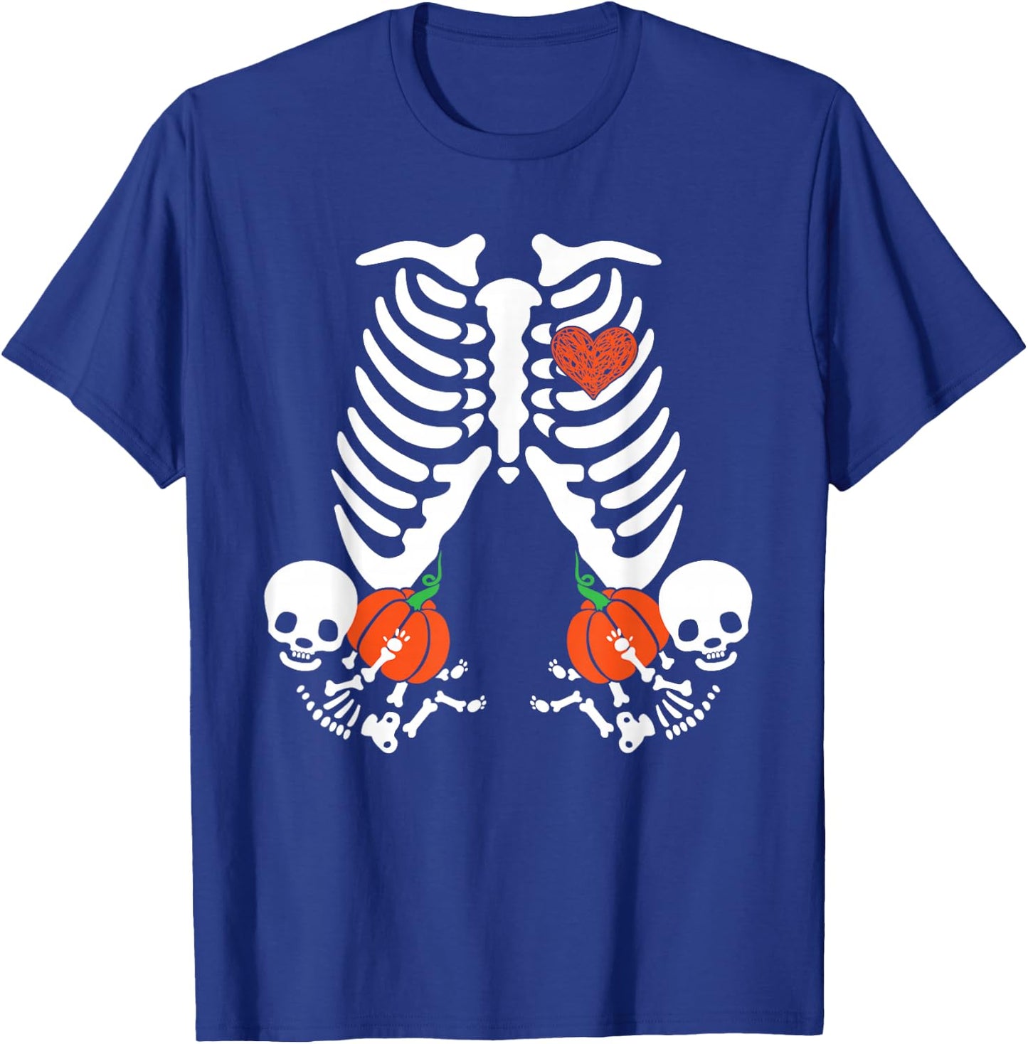 Pregnancy Announcement Skeleton Halloween Baby Pumpkin Twins T-Shirt - T-Shirt | Royal