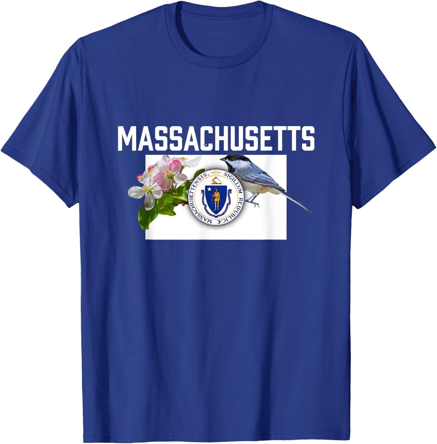 Massachusetts US State Flag With State Bird & Flower T-Shirt - T-Shirt | Royal