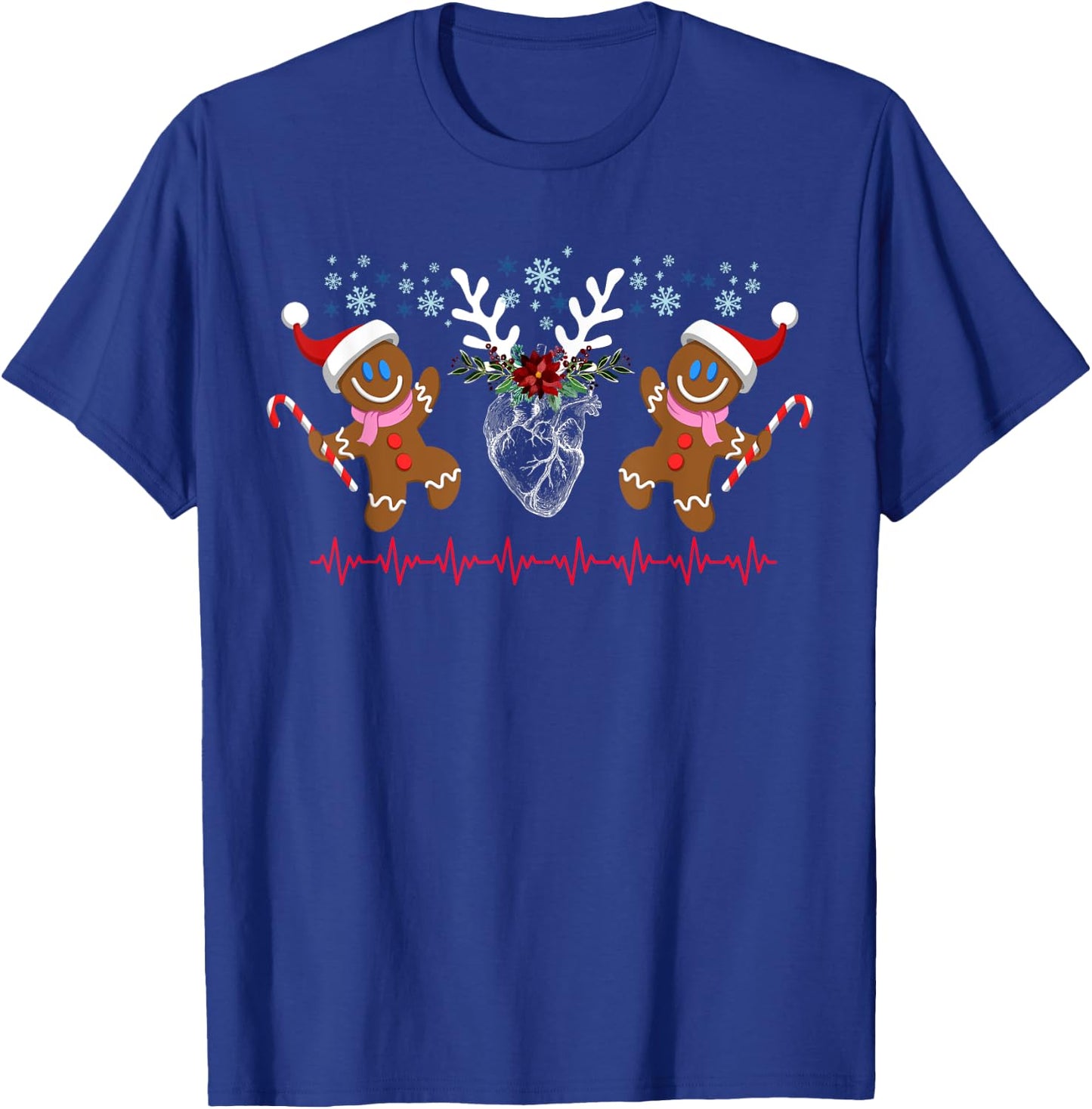 Floral Heart Reindeer Gingerbread Christmas Cardiac Nurse T-Shirt - T-Shirt | Royal