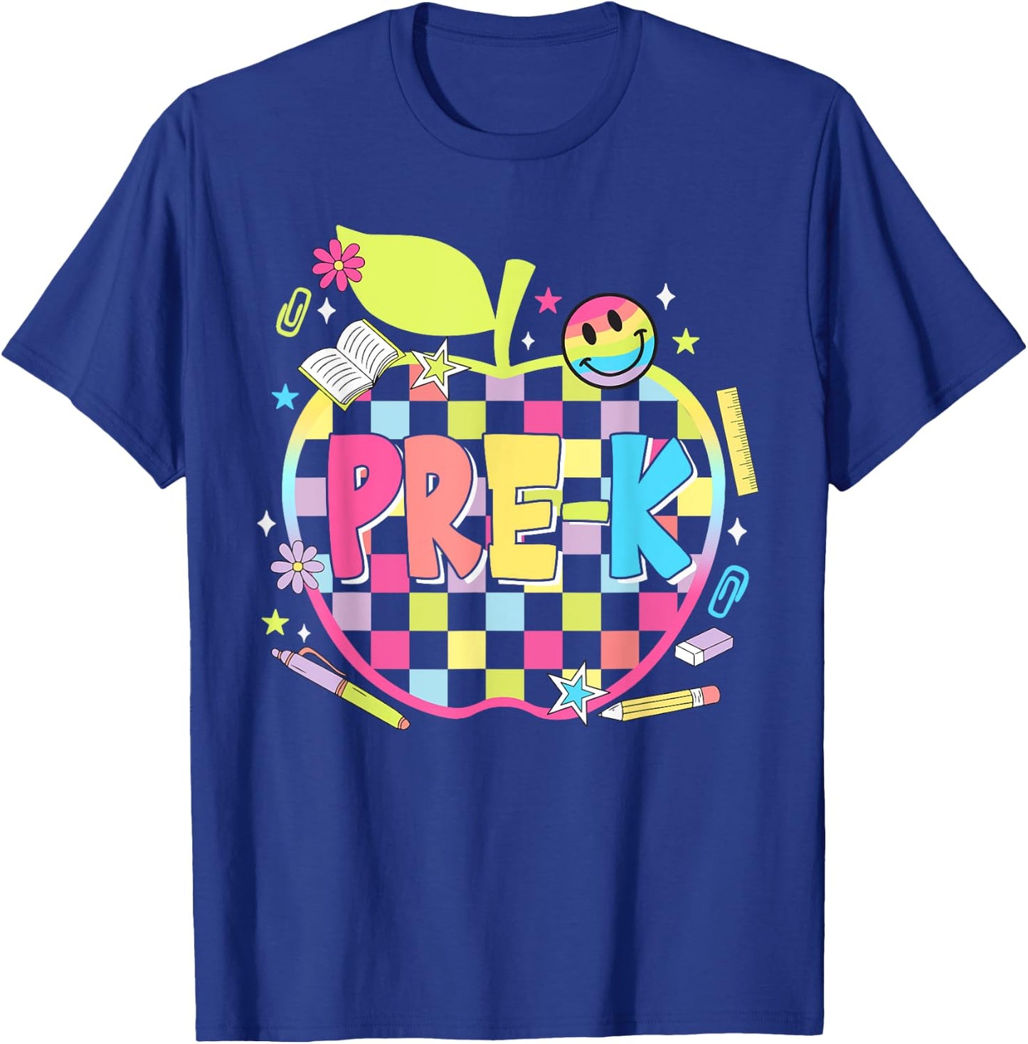 Pre-K Teachers Apples Retro Smile Face Back To School T-Shirt - T-Shirt | Royal